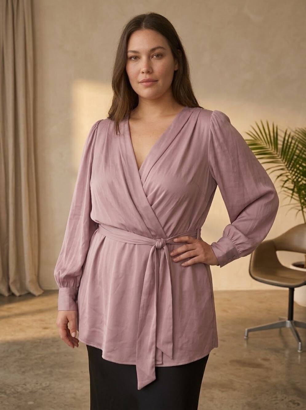 New City Chic plus size 20 (large) dusty pink long sleeve blouse top tie waist